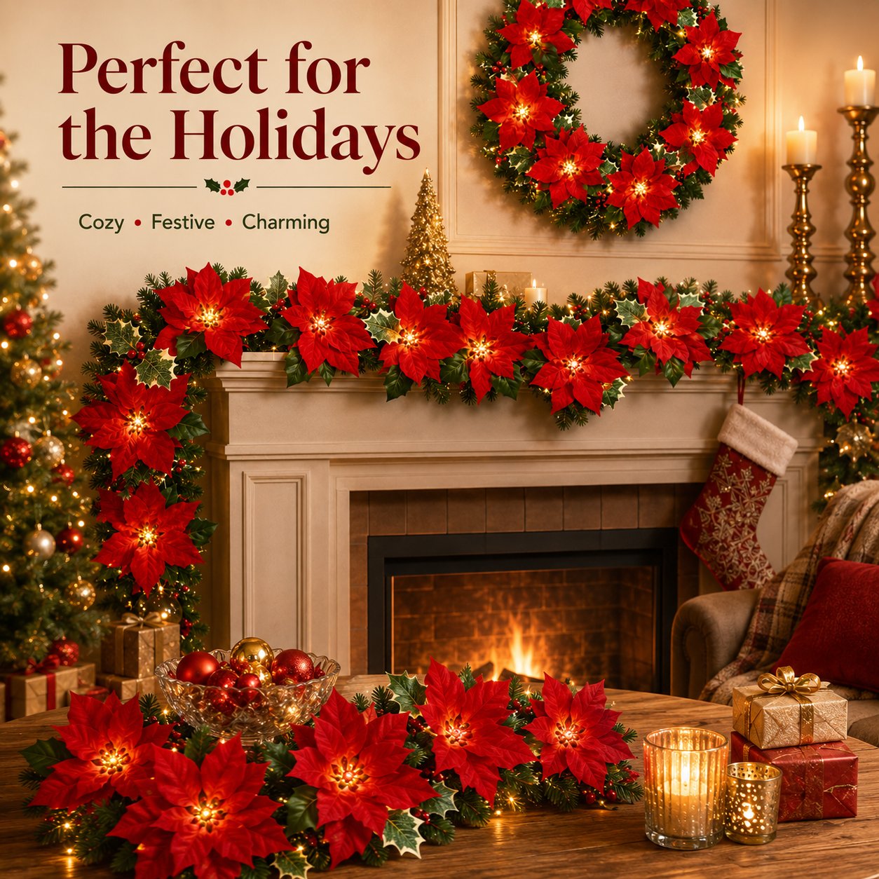 Red poinsettia Christmas garland