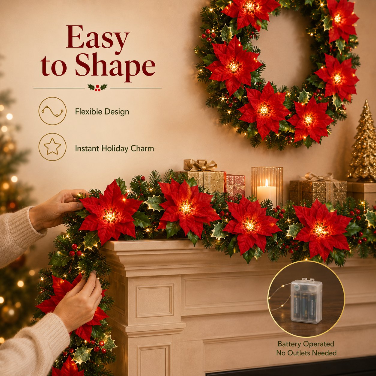 3M battery powered poinsettia garland