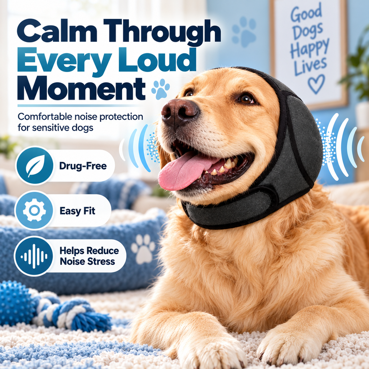 Dog wearing a soft noise dampening hood