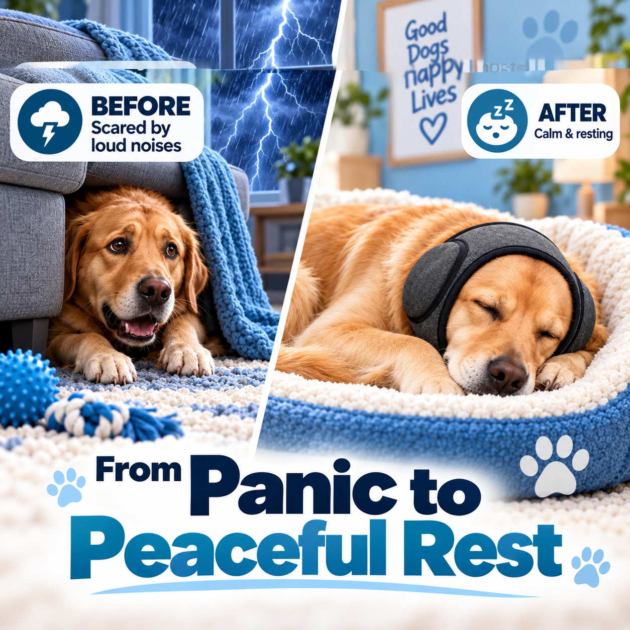 Dog before and after using comfort hood