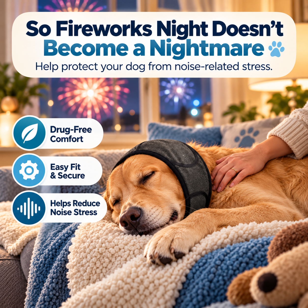 Dog resting comfortably during fireworks