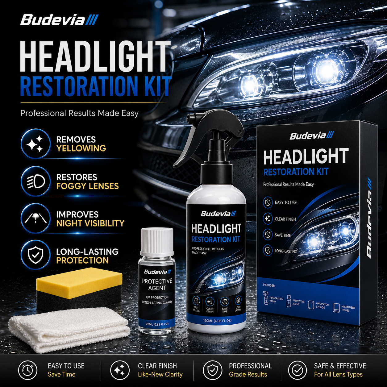 🔥 Last Day 50% OFF🚘Automotive Headlight Restoration Kit for Yellowed & Cloudy Lenses