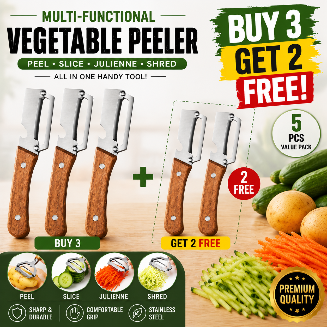 Multifunctional vegetable peeler for the kitchen
