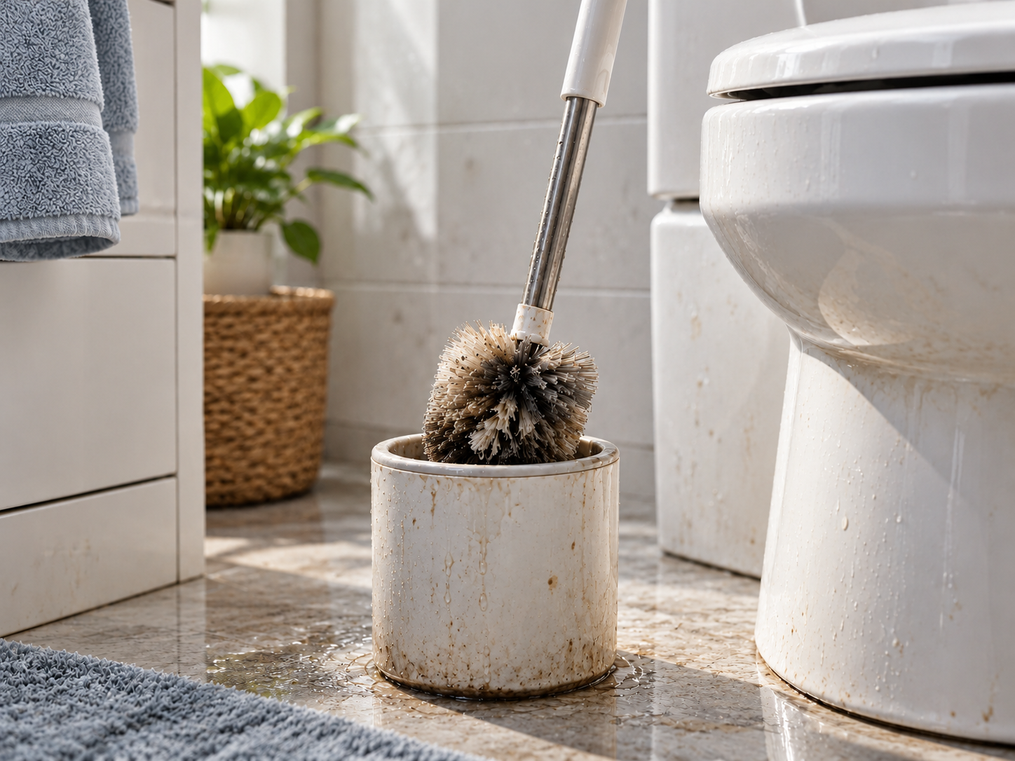 Dirty traditional toilet brush stored after use