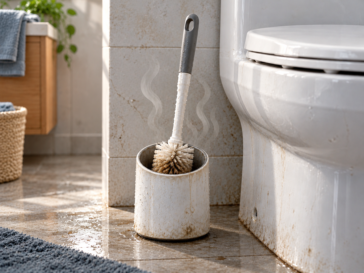 Wet traditional toilet brush causing bathroom odor