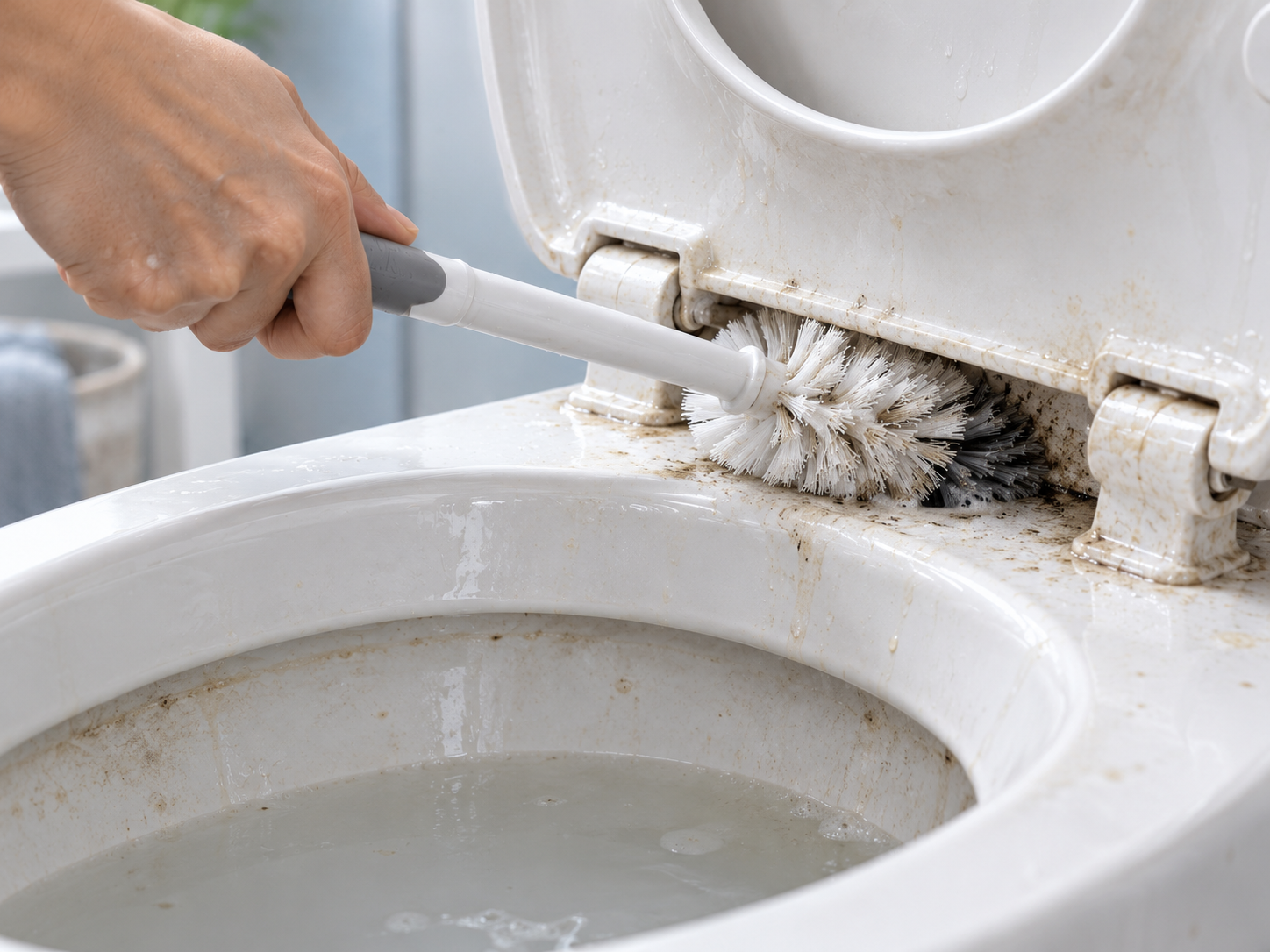 Traditional toilet brush struggling to reach under rim