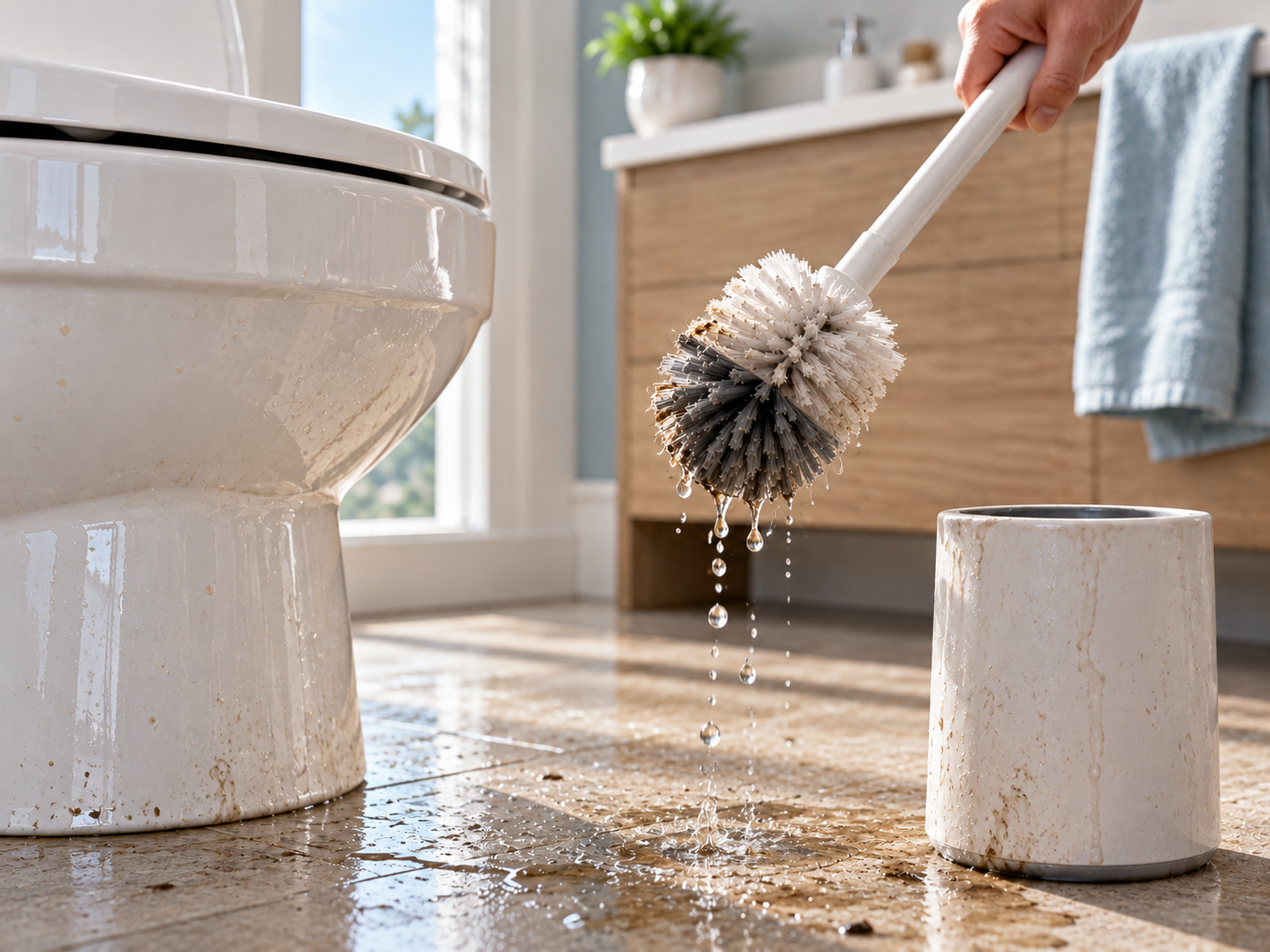 Wet toilet brush dripping water onto bathroom floor